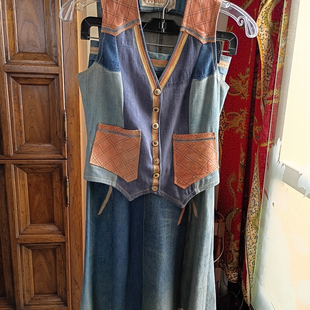 Muira Original Denim Patchwork Jacket, Vest, and Skirt with Leather Accents